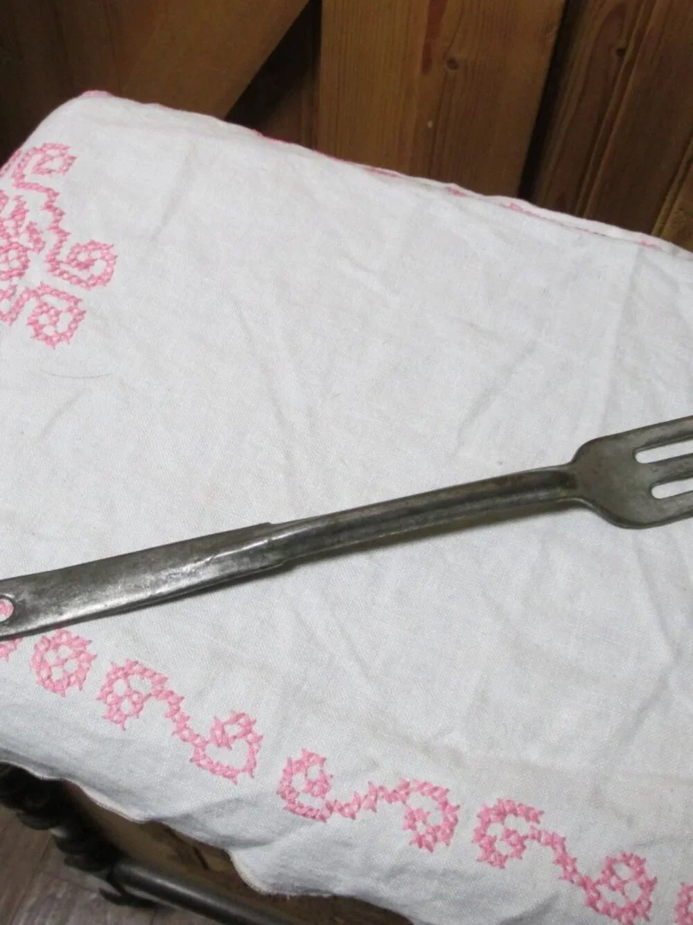 antique cast iron meat kettle fork 3 prong hallmarks signed back 12.5 in